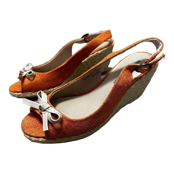 Montego Bay club orange canvas espadrilles peep toe wedges size 7W - Picture 3 of 9